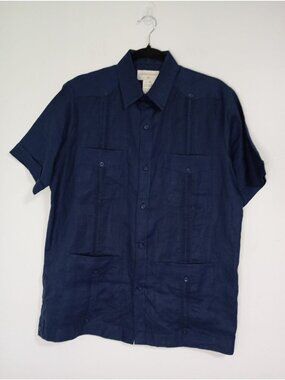 Charles Monsieur Mens Navy Blue 100% Linen Button-Up Short Sleeve Shirt Size S